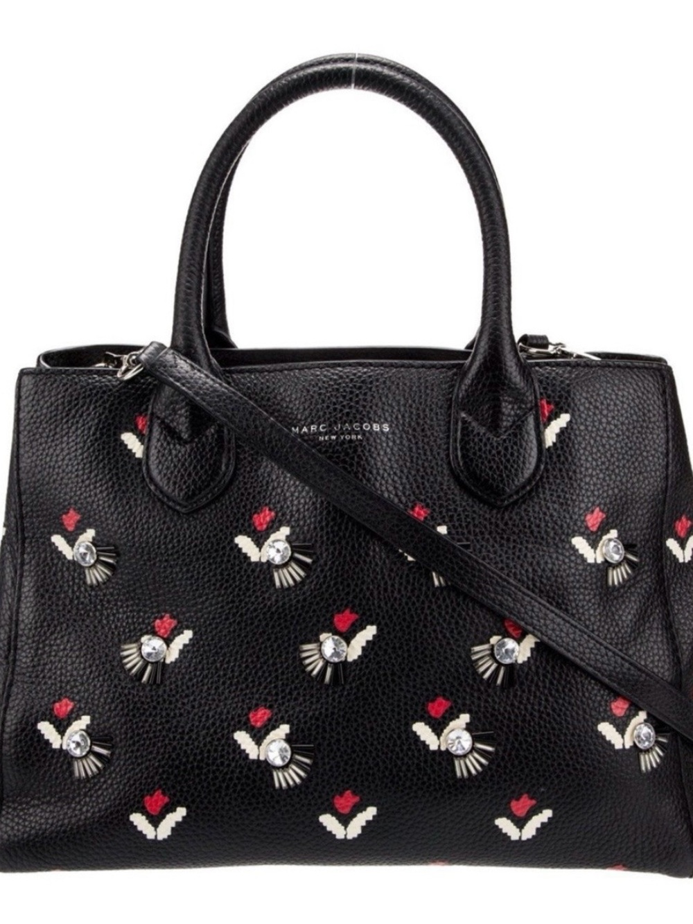 Marc Jacobs Black Embellished Leather Satchel with Red & White Accents